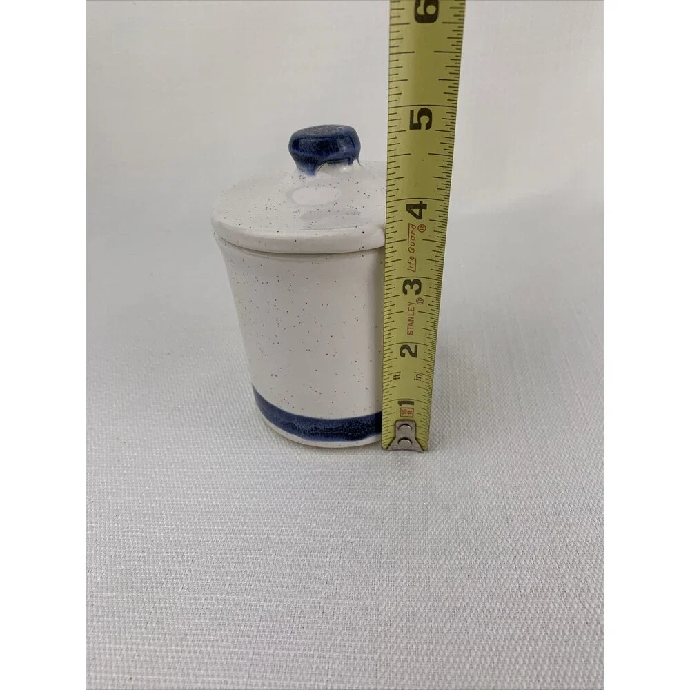 Vintage McCoy Honey Pot Stoneware Honey Pot in Gray with Blue‎ Band Trim 1950s